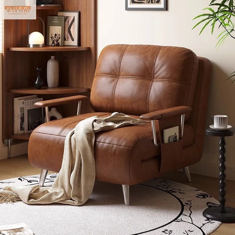 2025 new single dual-purpose storage folding sofa bed retro small apartment retractable study lunch break leather art sofa