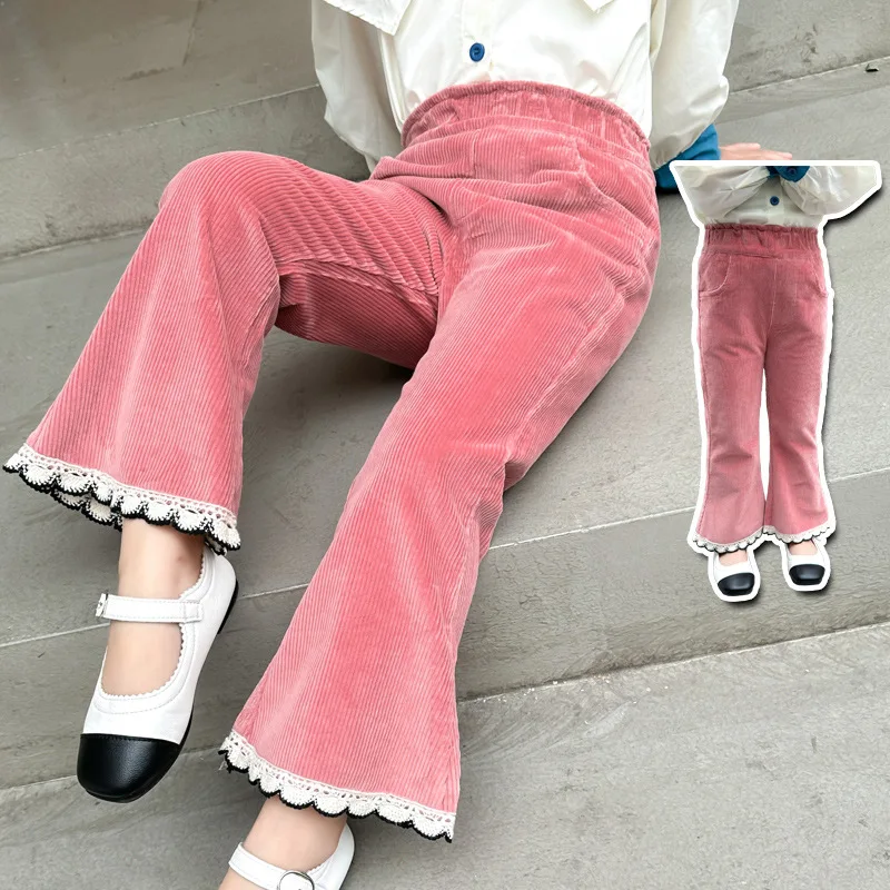 Spring Autumn Kids Girls Flared Pants Corduroy Lace Hem Elastic Baby Girls Casual Pants elastic waist children girl pants