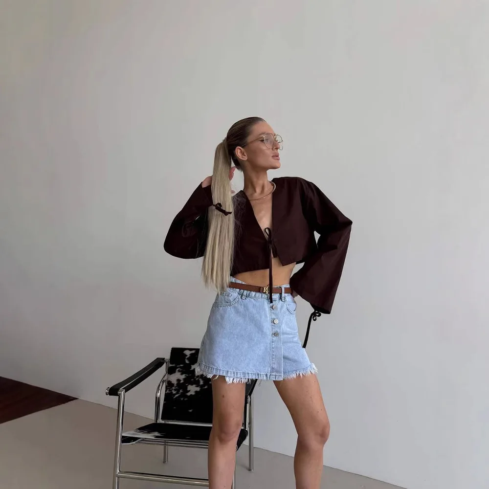 

Summer 2025 New American Retro Trousers Tassel Fake Two Culottes Denim Shorts