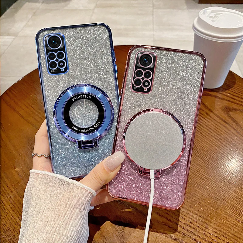 

Note11 4G Cover For Xiaomi Redmi Note 11Pro 11S 10 9 Redmi 12 12C 13 13C 9 Glitter Magnetic Wireless Charging Stand Holder Case