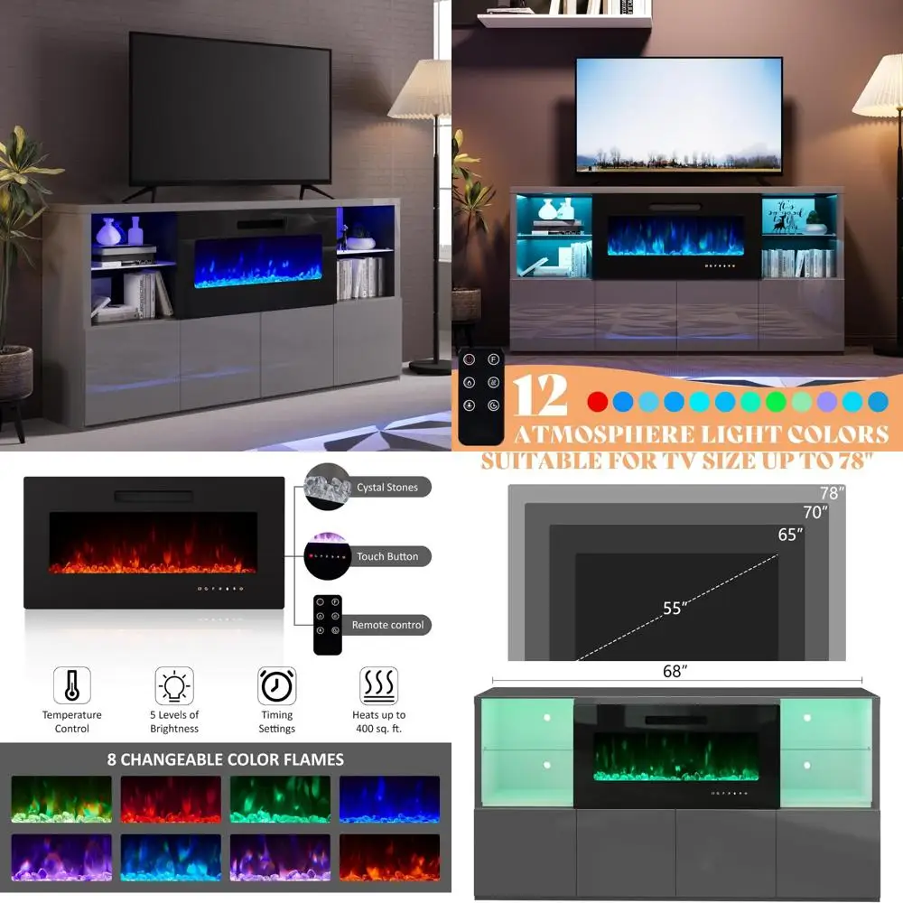 

Contemporary Glossy 68 TV Stand with Built-in Fireplace and LED Lighting for TVs up to 78