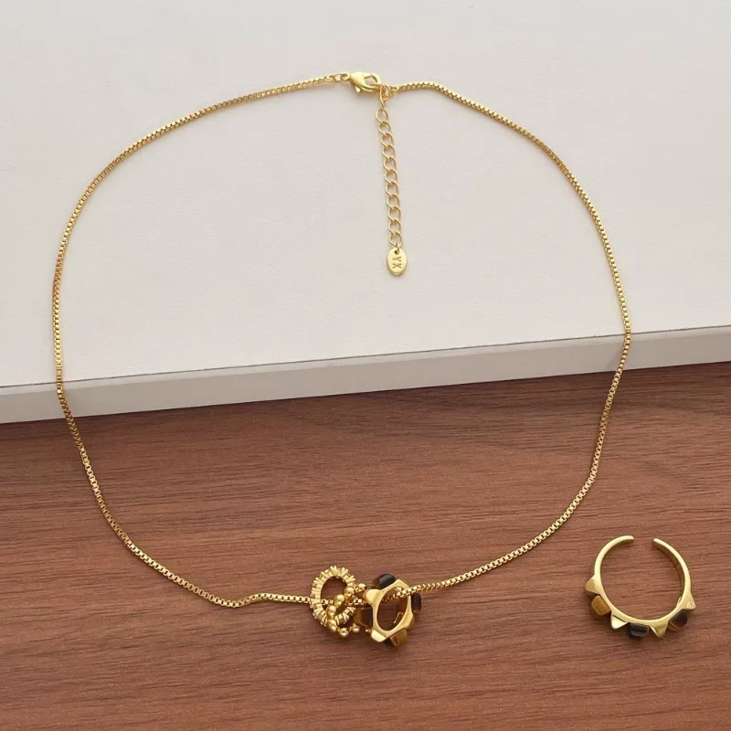 Minar Light Luxury Natural Stone Tiger Eyes Round Circle Pendant Necklaces for Women Real Gold Plated Copper Box Chain Chokers