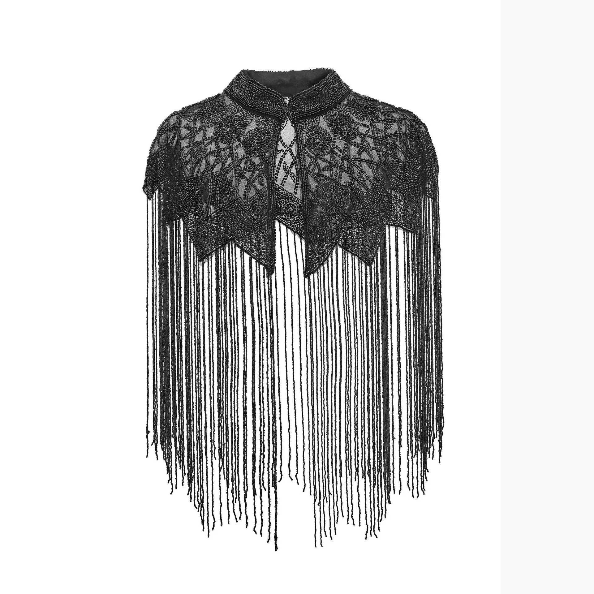 Women Stand Collar Hand Beaded Sequin Long Tassel Cape Shawl Mesh Shoulder Wrap Evening Banquet Wedding Party Formal Dress Cover
