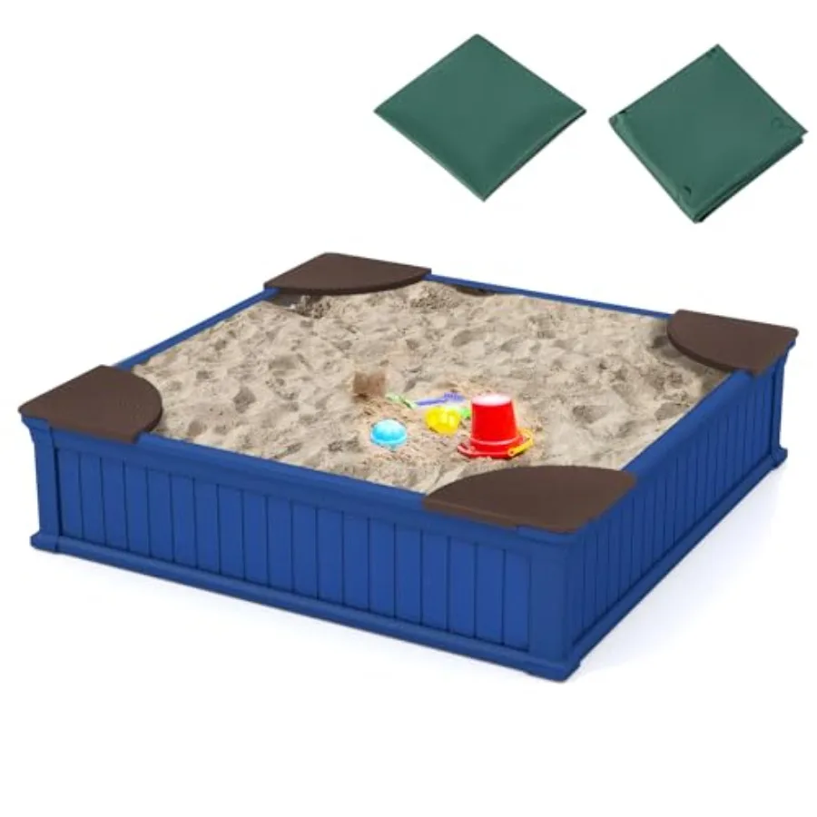 Backyard lawn garden beach sandbox with cover: 4ft x 4ft HDPE sand box in gray all-weather resistant with Oxford cover bottom d