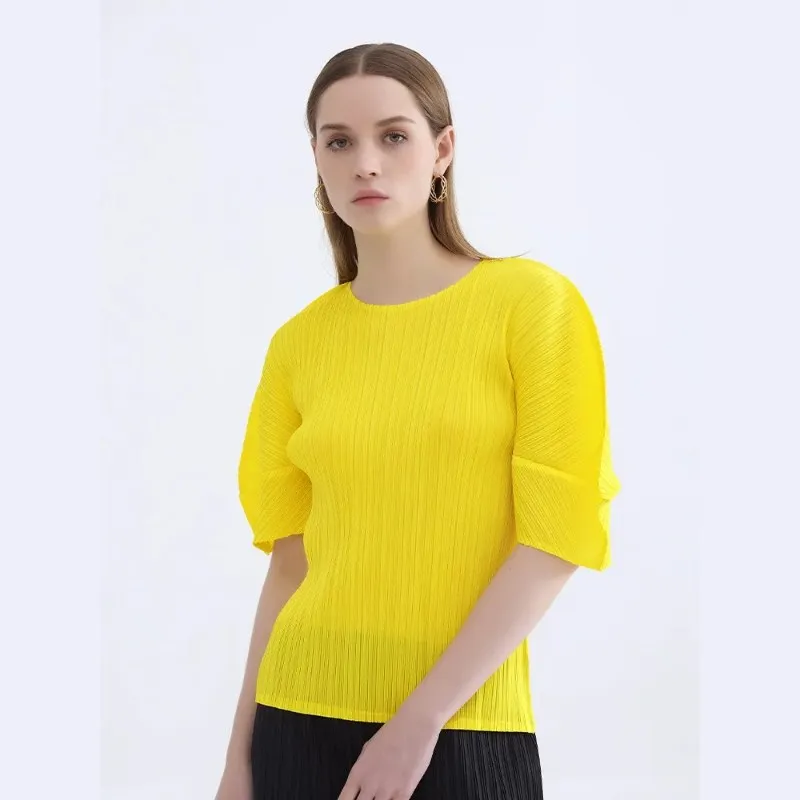

Ярко-желтый плиссированный топ с круглым вырезом и пышными рукавами из мягкой ткани, облегающий повседневный топ на каждый день, 2025 г., модный, шикарный, стильный ансамбль