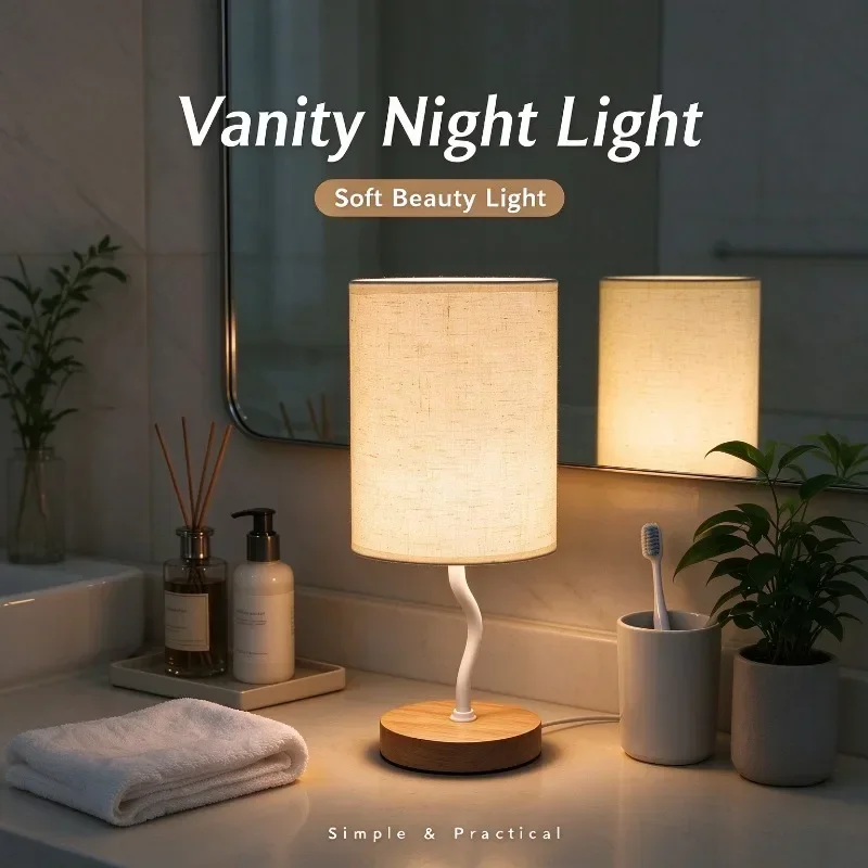 Living Room Warm Night Light Bedroo Bedside Cozy Linen Shade Table Lamp 3 Color Changing USB Night Light with Phone Storage Base