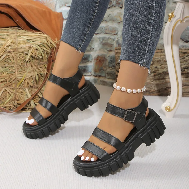 2024 High Quality Shoes Female Ankle Strap Women\'s Sandals Summer Open Toe Solid Outdoor Casual Platform Large Size Sandals