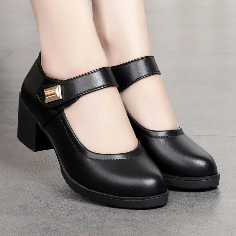 

Women's Leather Shoes 2024 Autumn Comfortable Casual Non-slip Soft Sole Wedge Mother Shoes Black Breathable Mid-heel Work Shoes