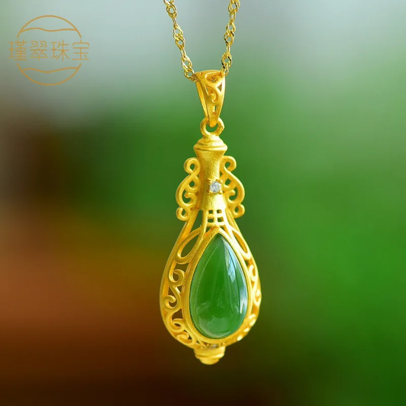 Traditional S925 Silver Inlaid Hetian Jade Vase Pendant, New Handmade Women'S Model