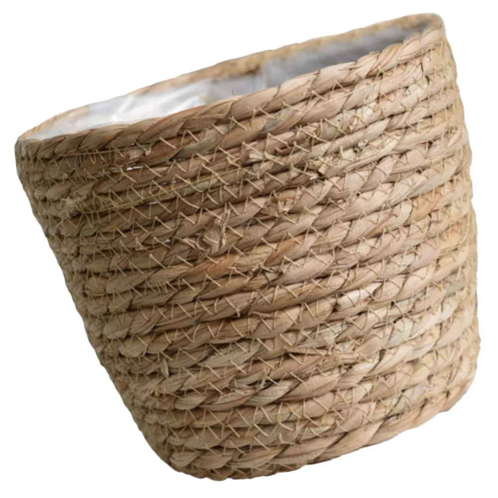 Outdoor Trash Can Straw Weaving Basket Wicker Planter Hand Woven Flower Baskets Indoor with Liner Light Brown Planters