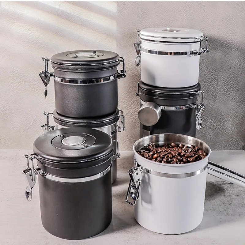 Stainless Steel Coffee Canister Airtight Storage Jar with One Way Valve Date Tracker Coffee Spoon for Coffee Bean Ground Tea