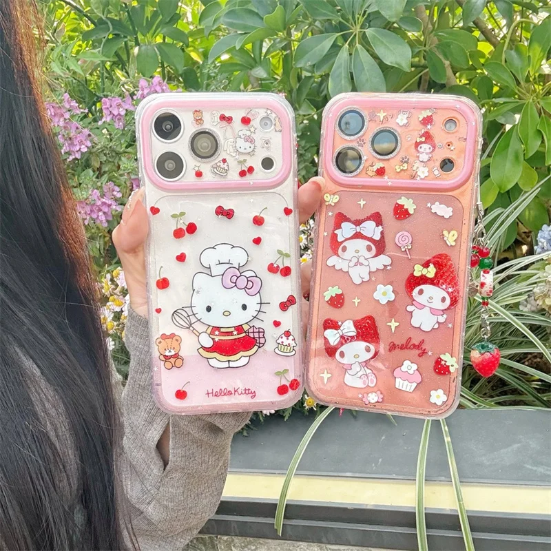 

Hello Kitty My Melody Cherry Strawberry Clear Phone Case For iPhone 15 16 17 Pro Max INS Cute Large Window Shockproof Cover