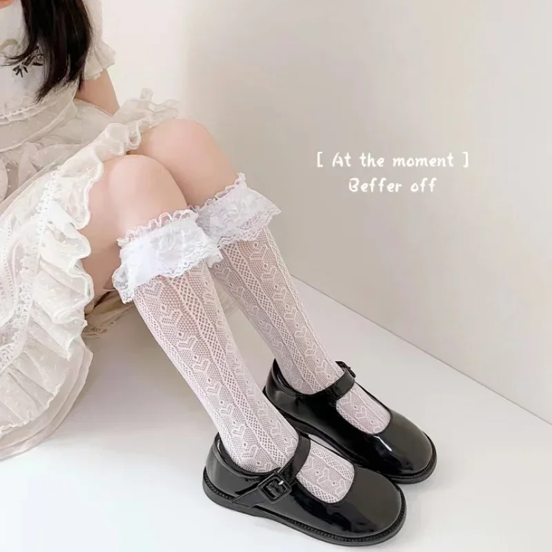 Children's Lace Heart-shaped Mid Length Stockings Baby Girls Lolita Socks Hollow Out Mosquito Resistant Ruffled Nylon Sock