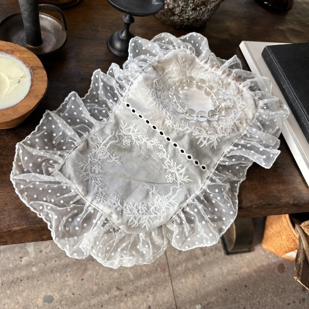Retro Flower Embroidered Lace Placemats Ruffles Transparent Table Cup Mat Soft Flounced European Cover Towels Photo Background