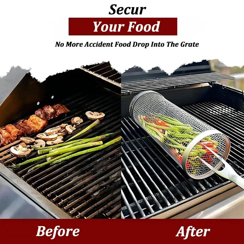 Stainless Steel Cylinder Rolling Grilling Basket Portable Round BBQ Rack Wire Mesh Barbecue Grate for Outdoor Camping Picnic