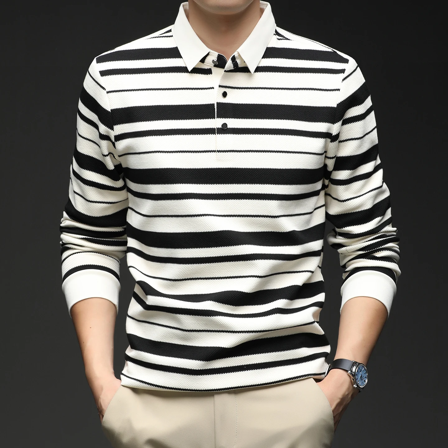 

Осенне-зимние мужские повседневные модные футболки высокого качества с отложным воротником в полоску, мужские дышащие умные повседневные спортивные футболки