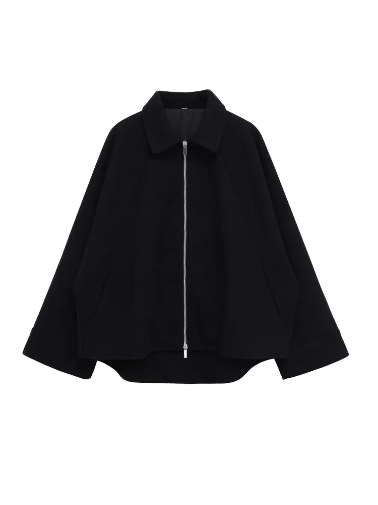 

Women's Asymmetric Woolen Jacket Loose Coat Long Sleeve Front Zipper Lapel Collar Chic Outerwear Fashion Tops