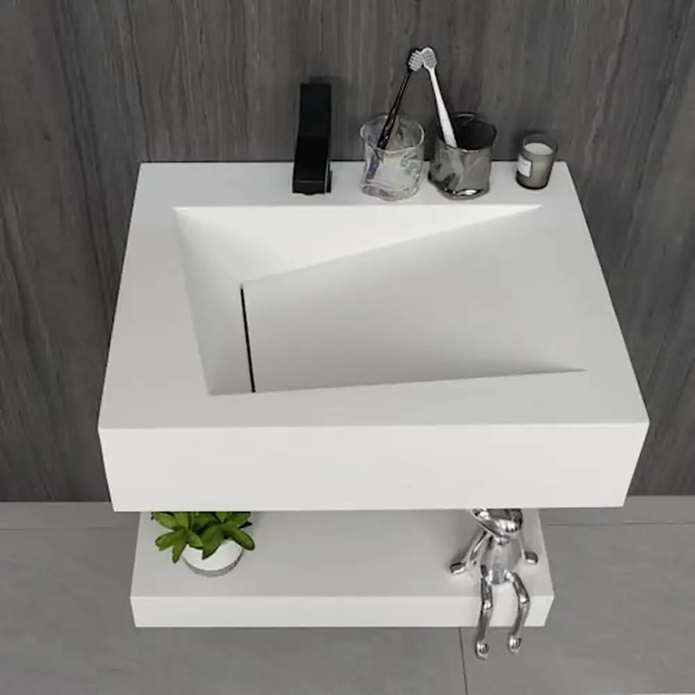 Lavabo de baño Rectangular de montaje en pared moderno, juego de estantes de tocador flotantes, lavabos de recipiente de resina de piedra, desagüe blanco suave