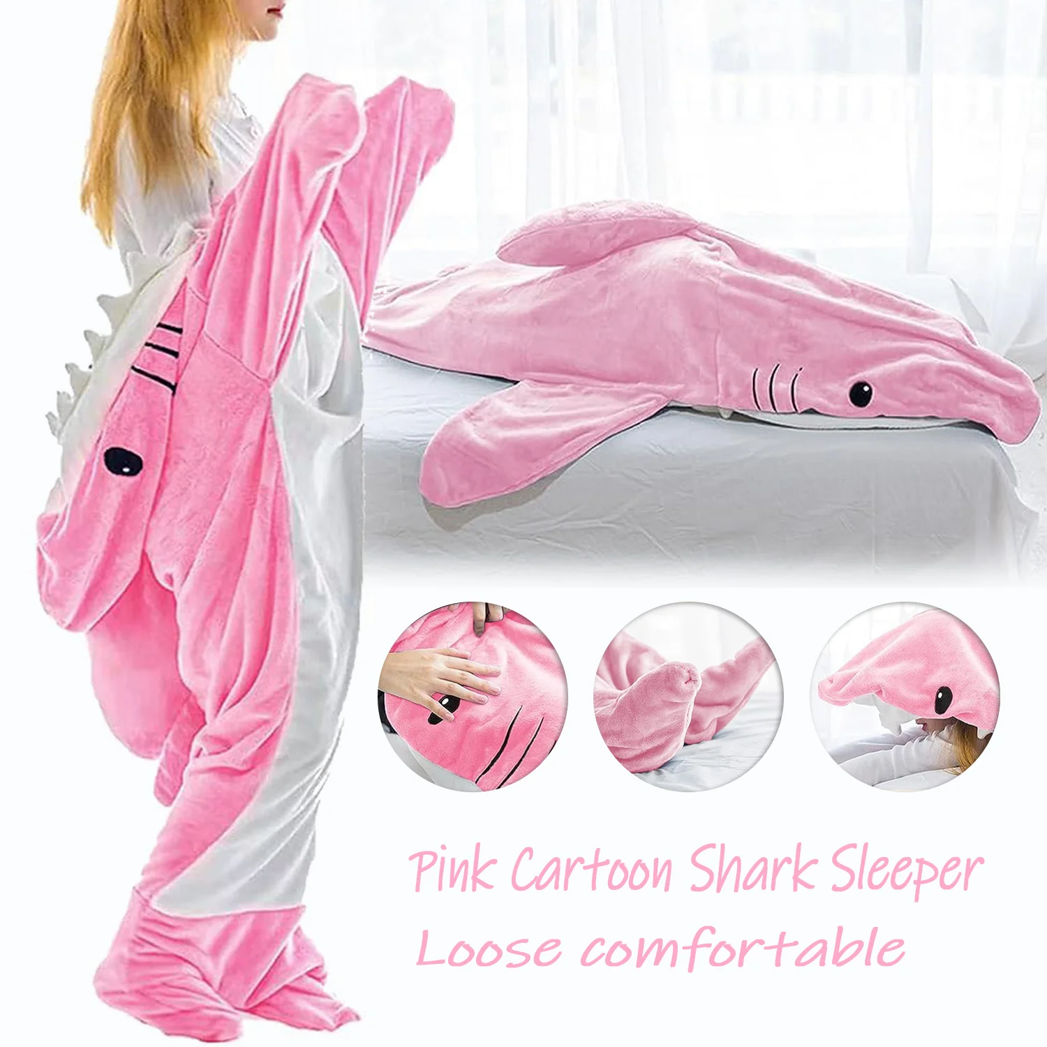 Pink Super Soft Cartoon Shark Loose Hooded Pajamas Family Pink Loose Hooded Pajamas Shark Adult Sleeping Blanket Adult Blanket