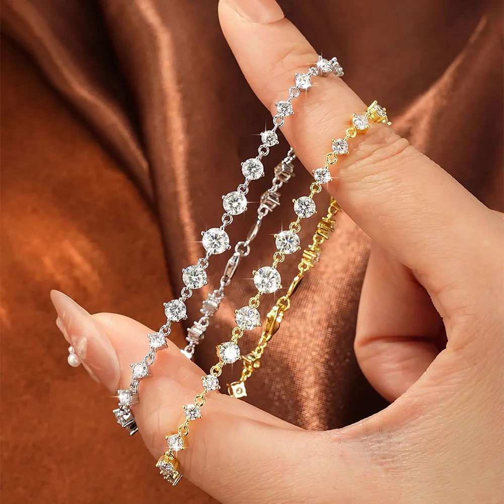 Abestecom 5mm Moissanite Gold-plated Bracelet Elegant Fashionable Gradient Arrangement Style Women Bracelet Valentine's Day Gift
