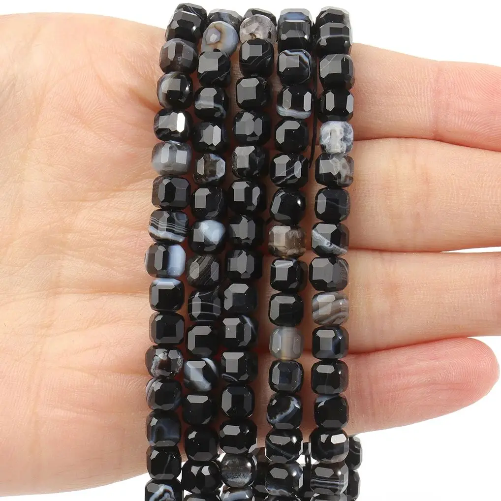 5mm Natural Stone Striped Onyx Black Agates Charm Faceted Square Loose Beads For Jewelry Making Needlework Bracelet Diy Strand