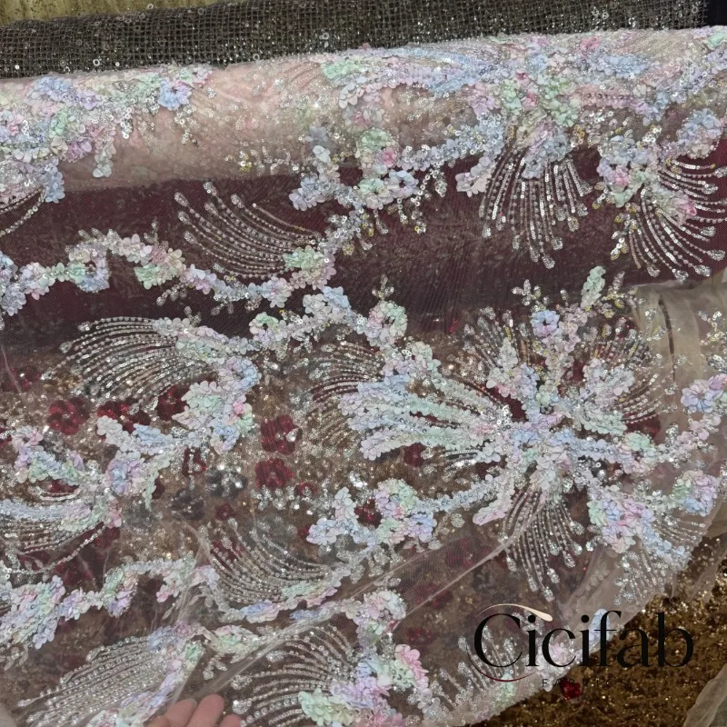 Colorful Mixed Sequin Floral Embroidery Fabric Purple Pink Flower Leaf Lace Cloth for Wedding Gown Performance Costume DIY Craft