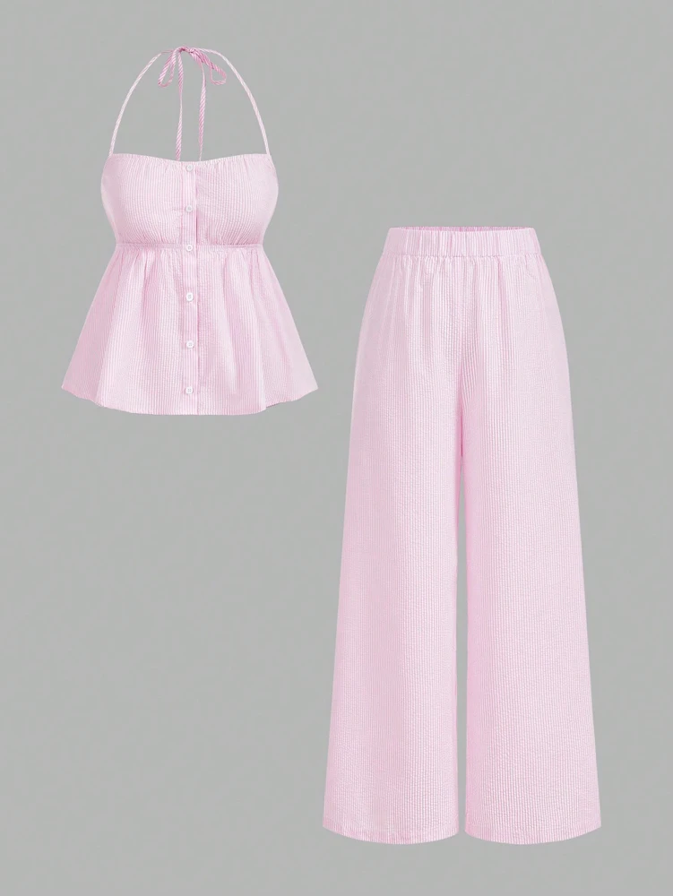 بلوزة نسائية بمقاس كبير على شكل مروحة عصرية ذات نسيج متجعد ومخطط ورقبة على شكل ربطة عنق وبنطلون فضفاض غير رسمي طقم مكون من قطعتين لـ