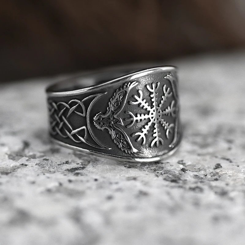 Compass Nordic viking odin symbol Raven Rune Vegvisir 316L Stainless steel Ring With Valknut Boyfriend Gift For Man V191