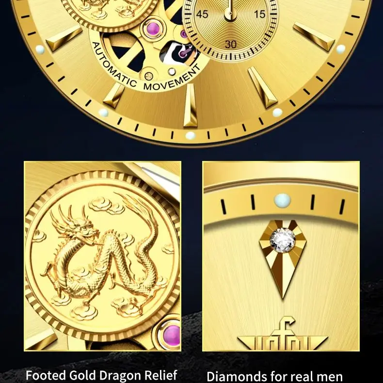 OUPINKE 3260 Zegarek męski z prawdziwego złota i diamentami, luksusowy złoty zegarek męski z motywem smoka, automatyczny zegarek mechaniczny, klasyczny zegarek biznesowy, prezent.