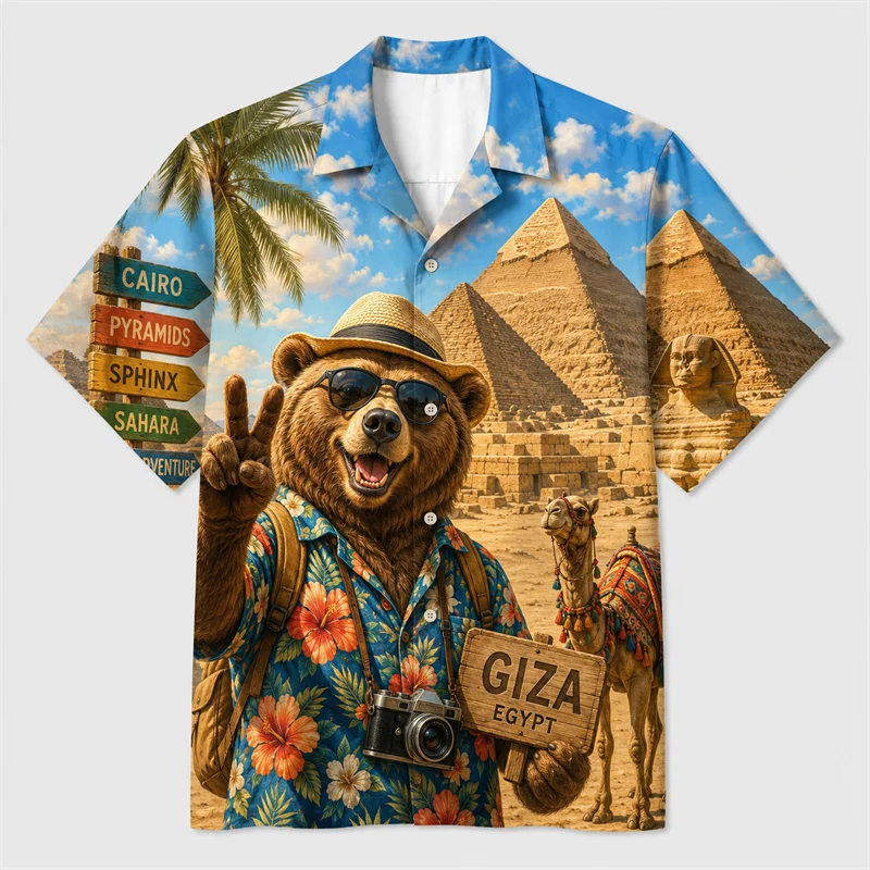 Men's World Landmark Animal Hawaiian Shirt Funny Travel Print Short Sleeve Button Down Vacation Top