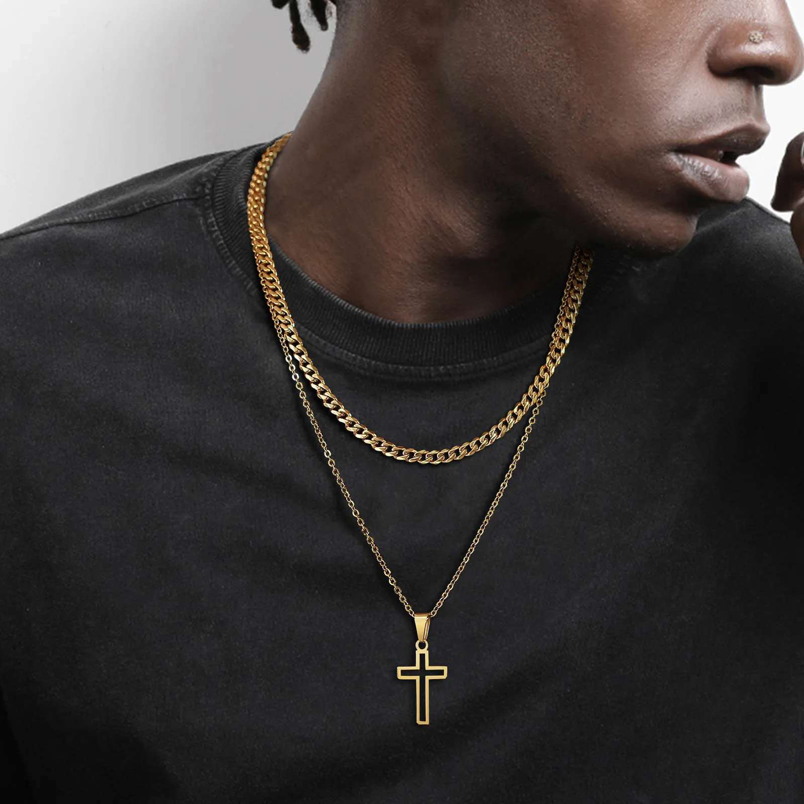 Vnox Men Layering Cross Necklace,Cutout Hollow Cross Pendant,Double Layered Gold Color Cuban Figaro Chain,Hippie 2pcs Collar Set