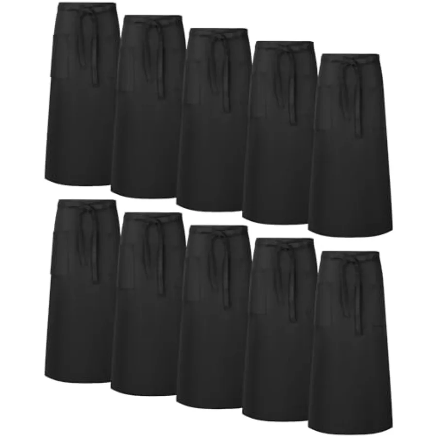 

10 Pcs Bistro Aprons 2 Pockets 32 Inch Waterproof Half Waist Black Bistro Apron with Long Waist Ties for Server Chef Waiter Wai