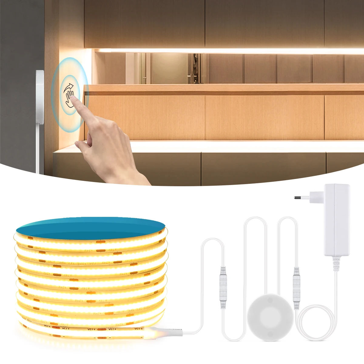 Touch Dimmer and Hand Sweep Induction Switch COB LED Strip Light 24V 320LEDs/M LED Tape Lamp Room Wall Kitchen Cabinet Lighting