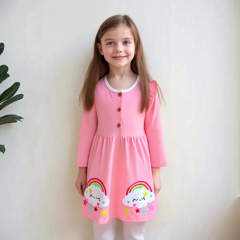 Little Maven Kinderkostüme Kinder Langarmkleid Cartoon Regenbogen Wolken Baby Mädchen Kleid Herbst Kind Baumwollkostüme
