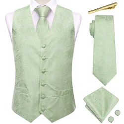 Hi-Tie Green Paisley Silk Vests for Men V-Neck Jacquard Waistcoat Jacket Necktie Hanky Cufflinks Clips Wedding Business Designer