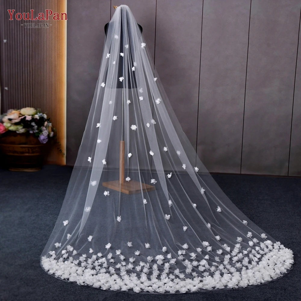 YouLaPan Wedding Veil Long with Comb 3d Flowers Bridal Veils Wedding Cathedral Length 1 Tier Bride Veu Accessories Wedding V93