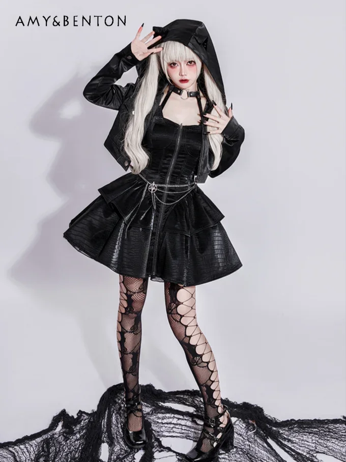 Street Dark Punk Lolita Dress Women Heavy Industry Printed Leather Slim JSK Dress Subculture Y2K Hot Girl Mini Ball Gown Dresses