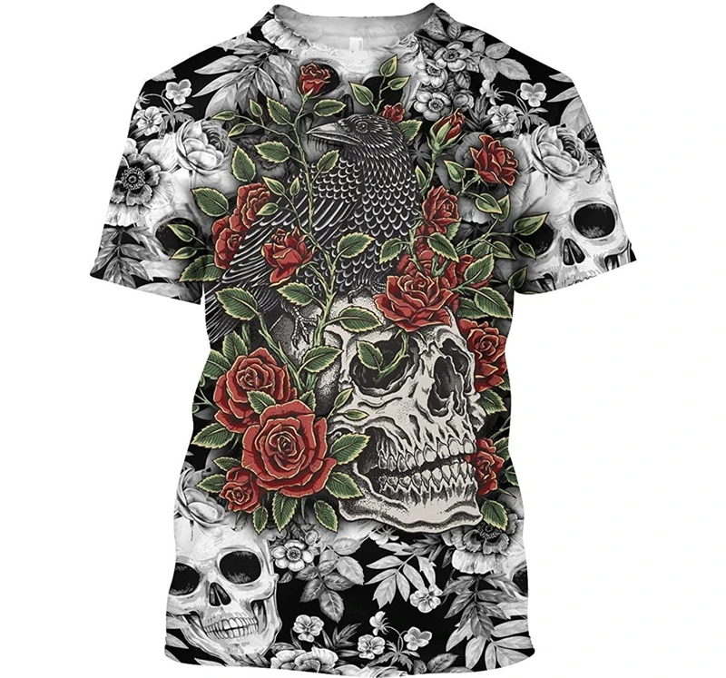 Retro Skull Rose Graphic Men's T-Shirt For Men Summer Short Sleeve 3D Printed Unisex Tops Fashion Casual Kids Tee Shirts Hip Hop