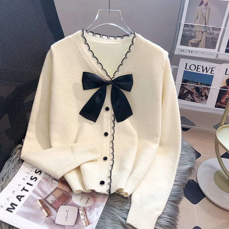 Sweet Bow Sweater Short Coat Single-breasted Knitted Cardigans for Women Autumn Winter Soft Long Sleeve Jackets