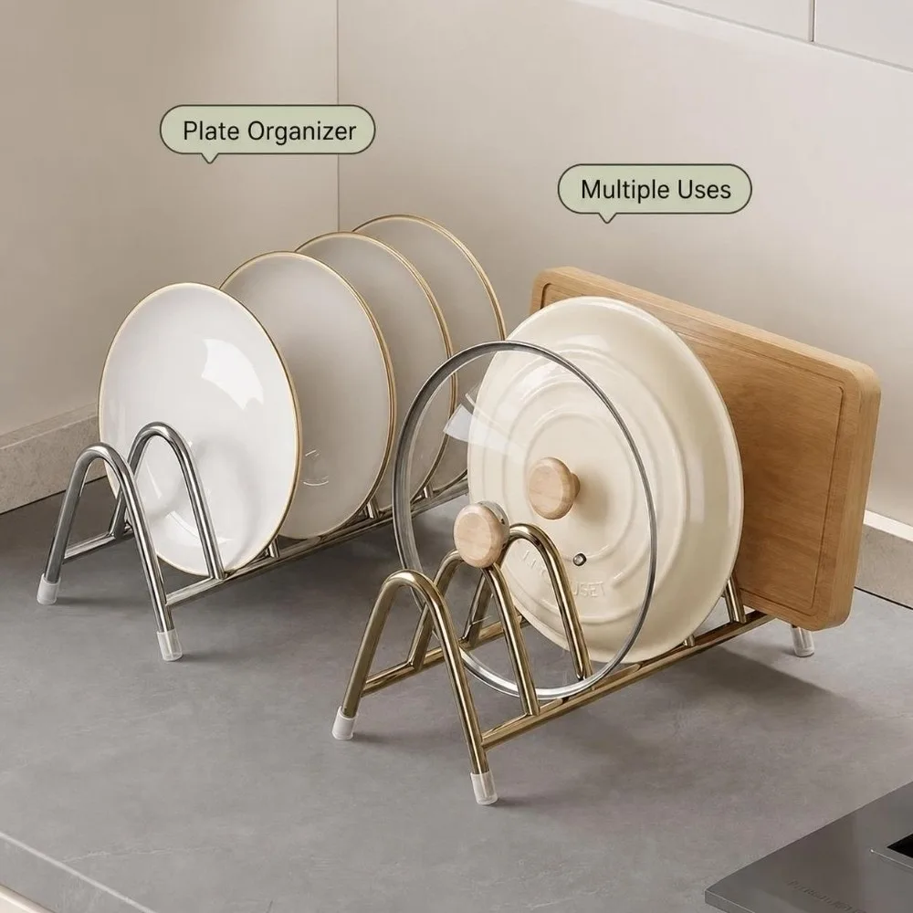 Stainless Steel Pot Lid Storage Rack Rustproof Anti-slip Cutting Board Rack Space Saving Moisture-proof Cookware Holder