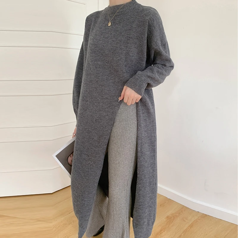 Gray Chic Split Knitted Dress Women Vintage 2023 Autumn O-neck Long Wool Vestido Korean Streetwear Elegant Soft Knitwear Jumper