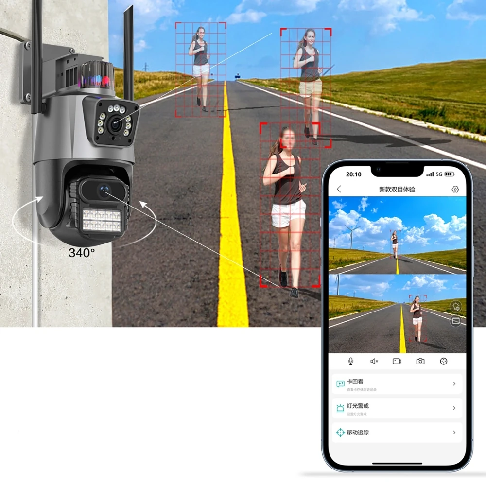 Cámara IP WiFi de doble lente, visión nocturna ultraclara, cámaras de seguridad para exteriores, intercomunicador de Audio bidireccional, detección de movimiento con alerta