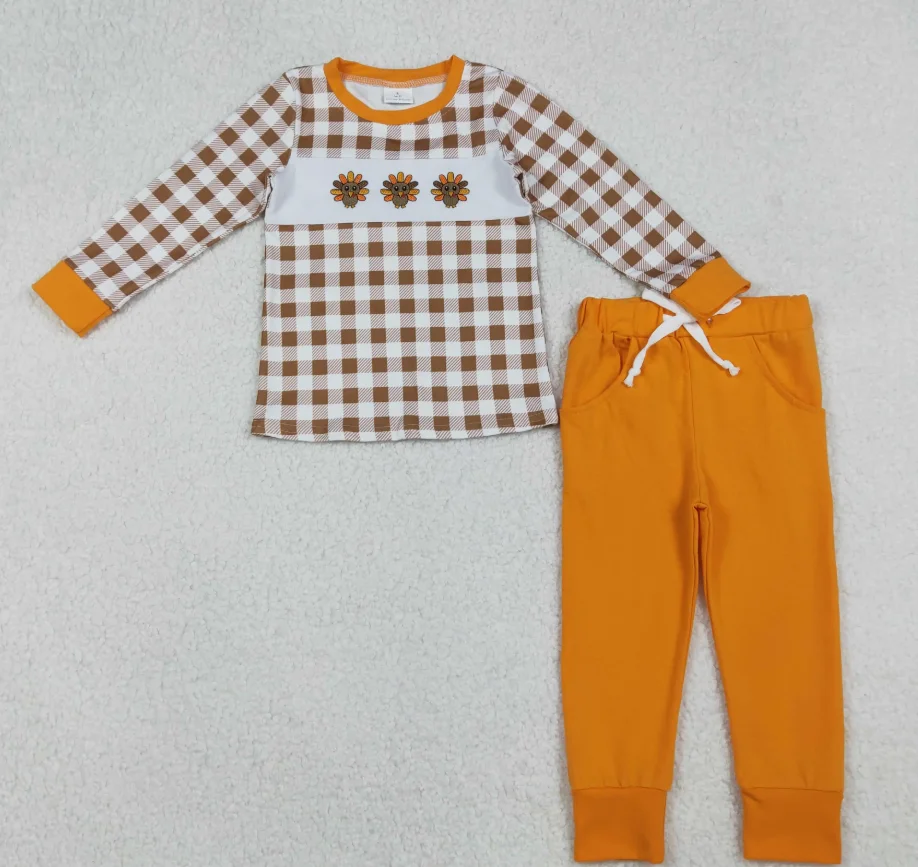 

Hot Sale Boy Fall Embroidery turkey Plaid Shirt Children Orange Pockets Pants Set Toddler Baby Kids Thanksgiving Outfit Clothes