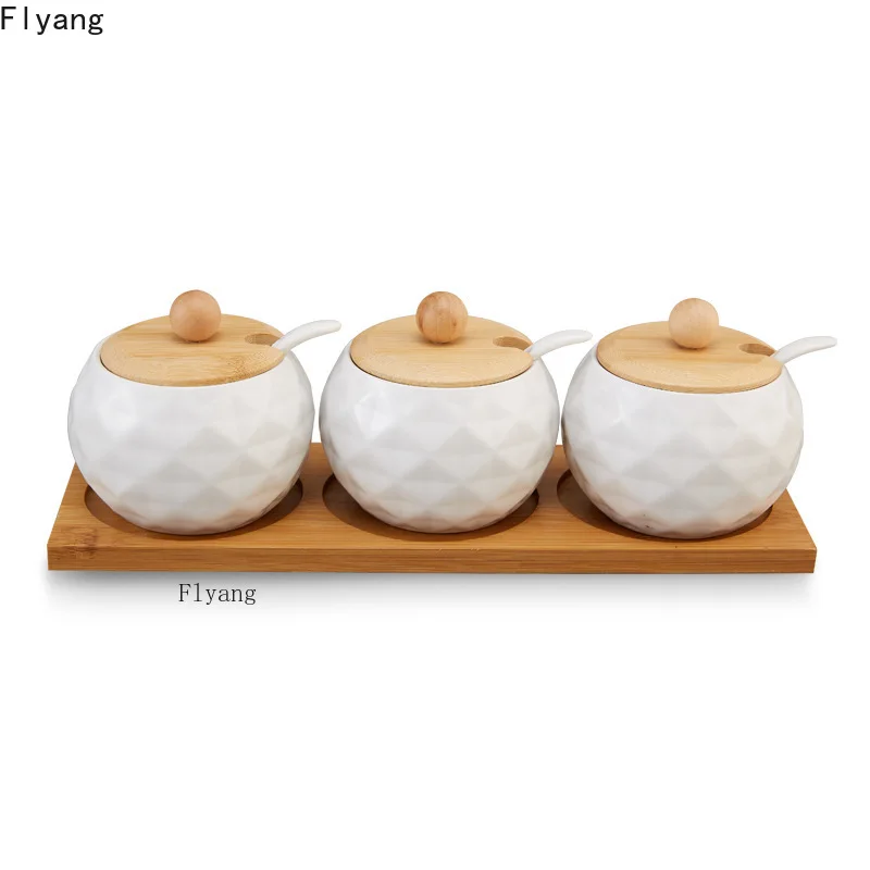 Ceramic bamboo cover set seasoning jar bamboo tray with spoon tray kitchen supplies condiment dispenser spice organizer storage