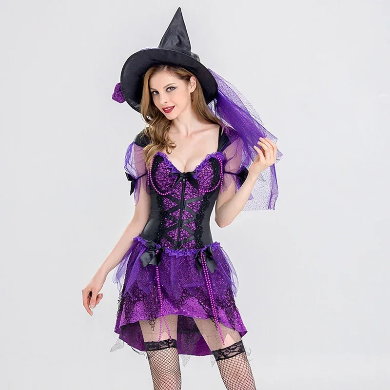 Multiple Carnival Halloween Lady Purple Elegant Witch Costume Cute Tuxedo Magic Sorceress Playsuit Cosplay Fancy Party Dress M17
