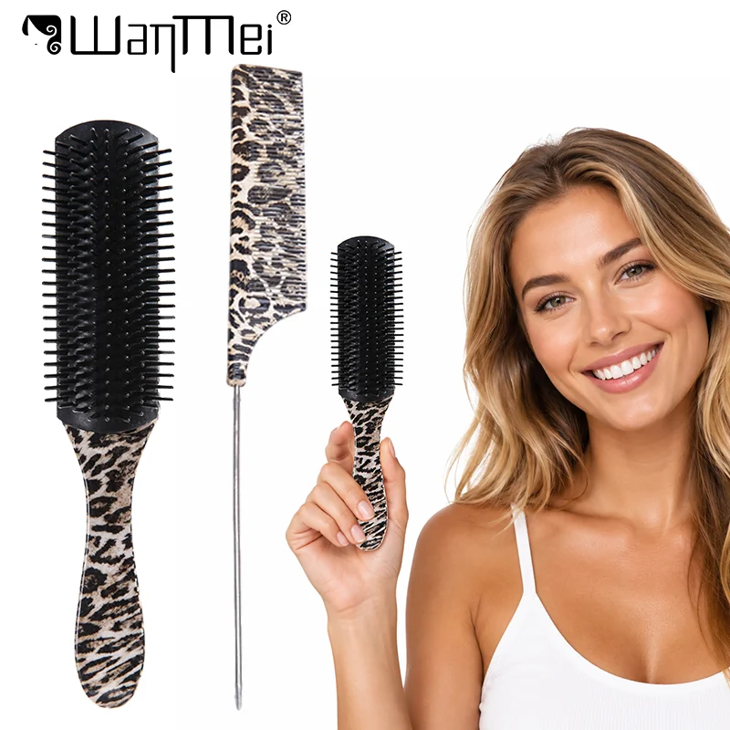 2pcs Professional Hair Brush Set Leopard Print 9-Row Scalp Massage Comb with Rat Tail Comb Smoothing Hair Styling Tools Salon