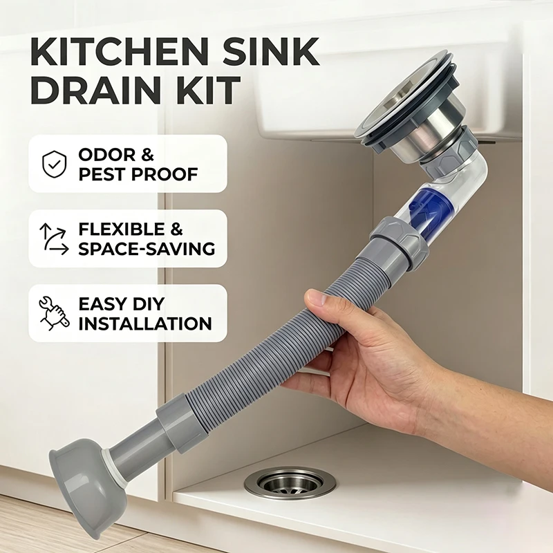 Sink Drain Strainer Set With Retractable Anti-Clogging Deodorizing Hose Easy To Clean Long Service Life For Single Bowl Sink Mop