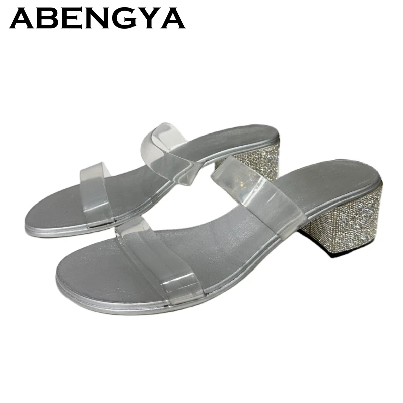 

2025 Summer Chunky Heels Crystal Slippers Women Fashion Open Toe Transparent PVC Slip On Mules Casual Beach Slides Shoes Mujer