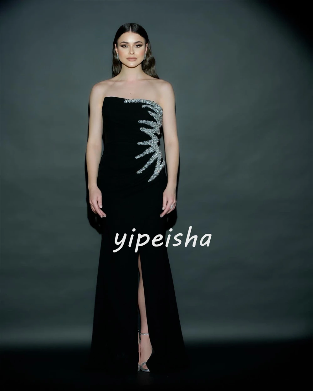 Sparkle Exquisite High Quality Jersey Draped Pleat Sequined Beach A-line Strapless Bespoke Occasion Gown Long Dresses