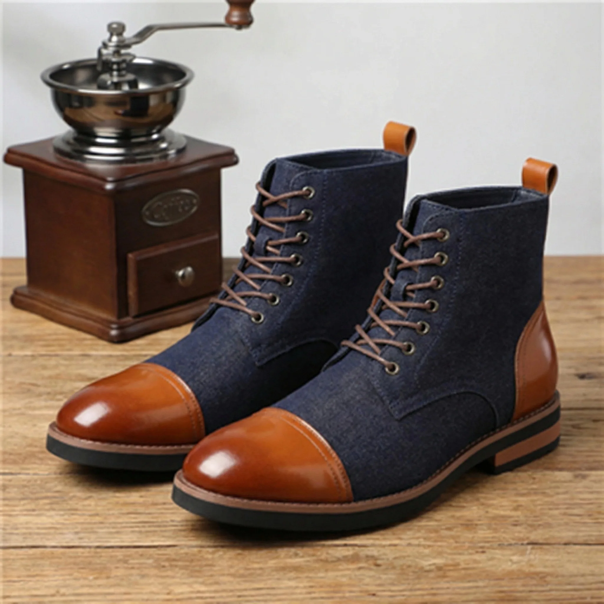 QRLQRL Men's Outdoors High Mixed Color Thick Sole Knight Boots Autumn Winter Casual Leather Boots